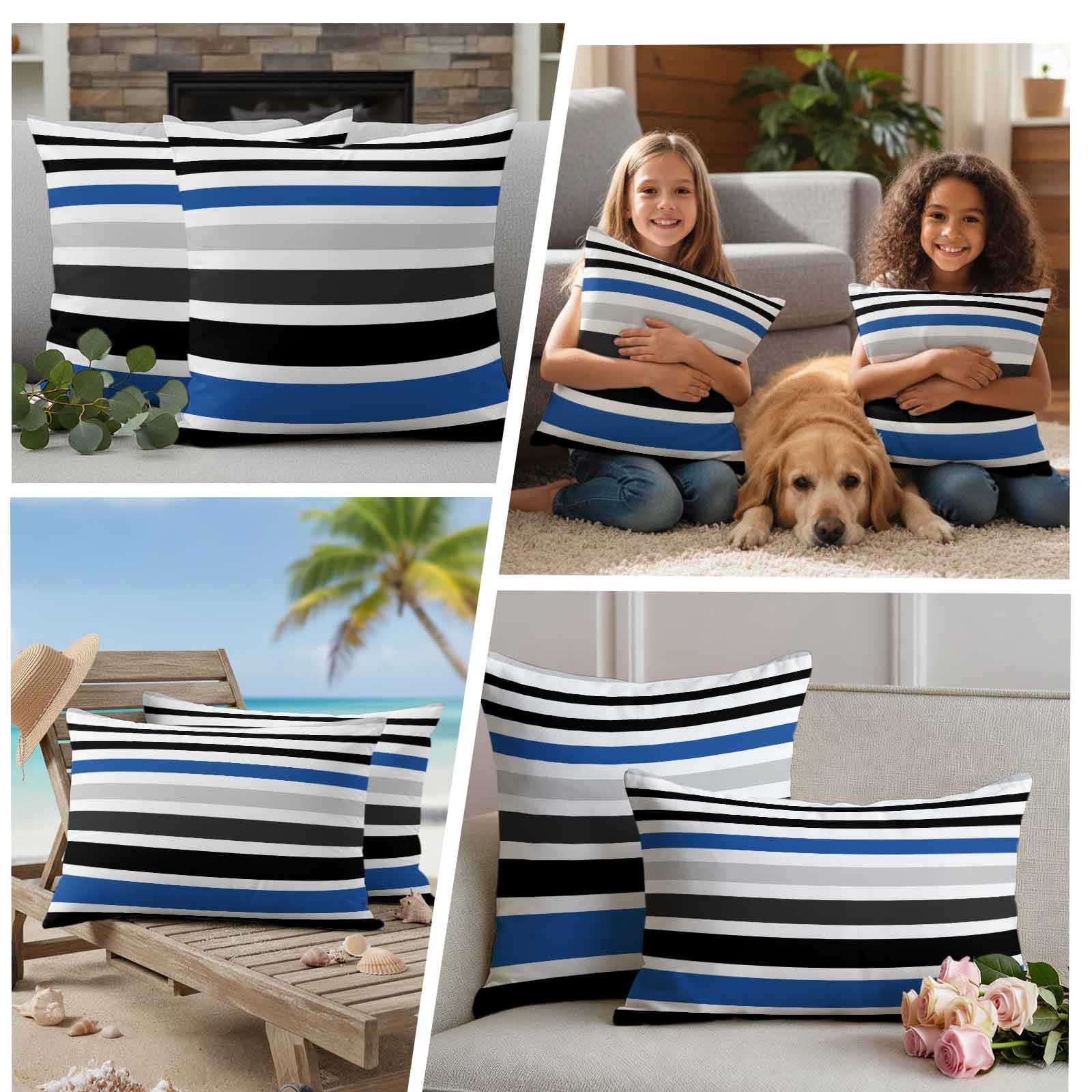 Navy Blue Black Stripe Outdoor Waterproof Pillow Covers, Modern Abstract Coarse Striped Decorative Square Throw Pillowcase Sofa Cushion Sham for Patio/Couch/Chair, 26"x26" 2 Pack