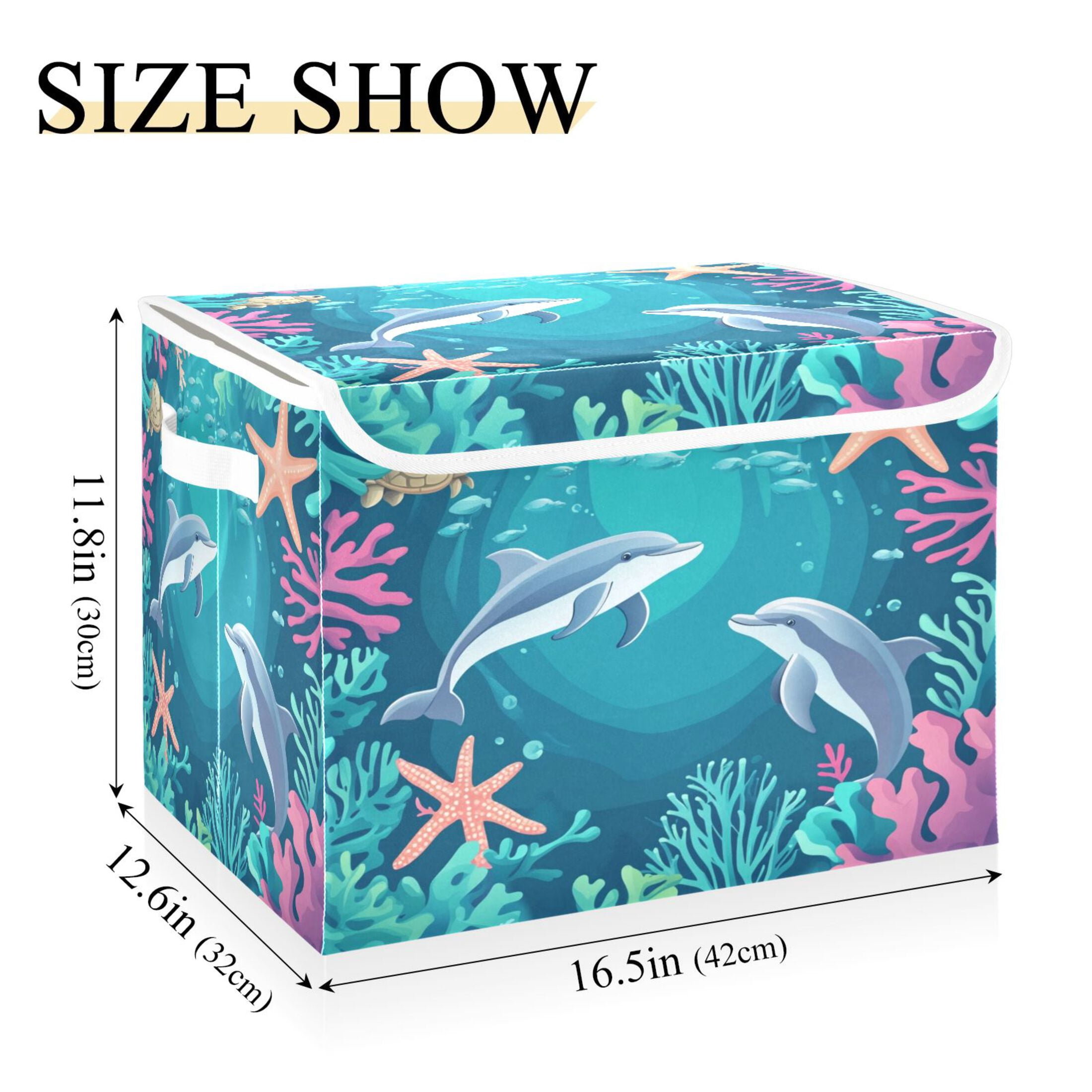 WOBOGO Dolphin Playful Picture Large Collapsible Storage Box Flip Lid Fabric Decorative Organizer Container Basket with Handles 16.5×12.6×11.8in