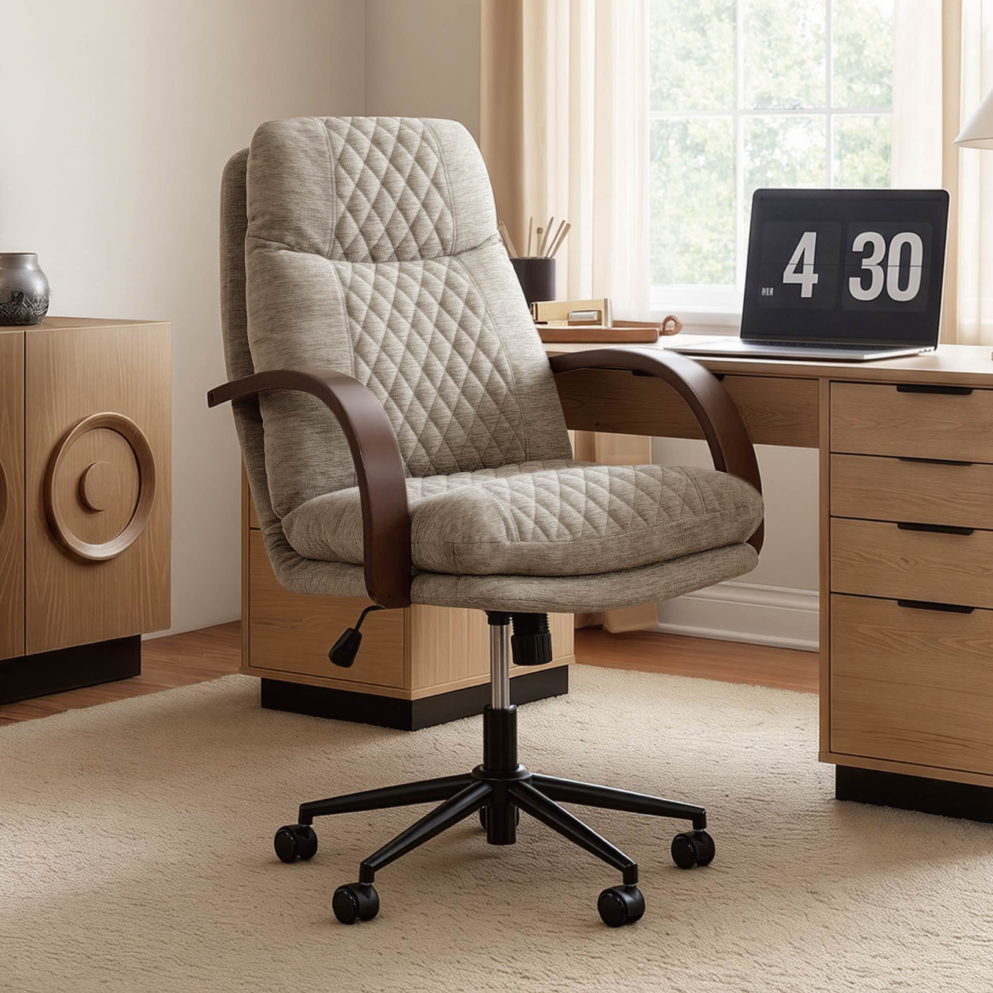 Spruce & Spring Modern Ergonomic Swivel Office Chair with Bentwood Arms, Upholstered High Back Desk Chair with Tilt Function and Durable Metal Base, Khaki