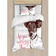 thumbnail image 1 of Jack Russell Duvet Cover Set Twin Size, Sketch Dog with All You Need is My Love Words Purebred Animal Design, Decorative 2 Piece Bedding Set with 1 Pillow Sham, Pink Brown and White, by Ambesonne, 1 of 3