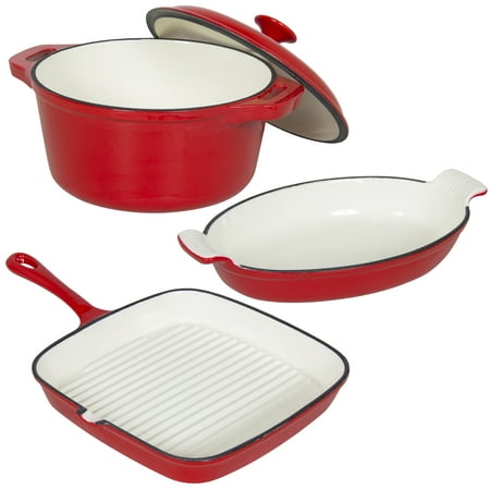 Best Choice Products Set of 3 Cast Iron Casserole, Gratin, and Griddle Oven Cookware Dishes Set - (Best Oil For Cast Iron)