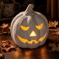 thumbnail image 4 of Halloween Home Decorations Pumpkin Jack O Lantern, Handmade White Resin Pumpkin with Flameless Candle Light, Rustic Fall Decor for Tabletop Front Door Porch Room, 4 of 6