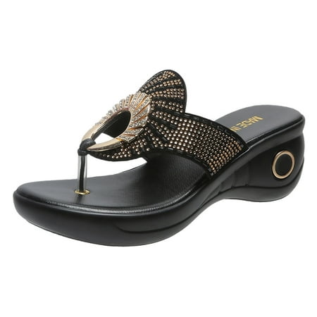 

GNEIKDEING Women s Summer Rhinestones Non Slip Slip On Wedges Beach Open Toe Breathable Sandals Flip Flops Shoes Gift on Clearance