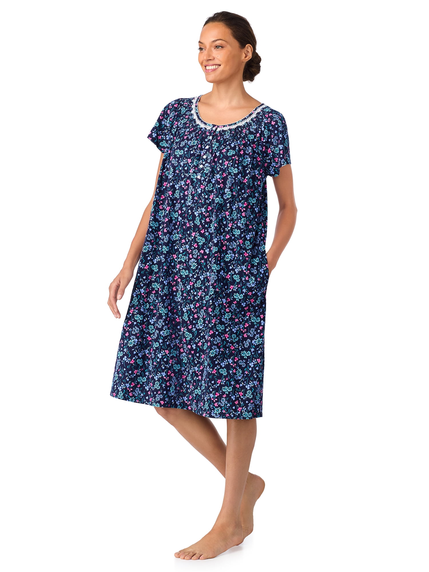 Aria Women's 100% Cotton Raglan Sleeve Smocked Neck 40" Sleepwear Gown, Sizes XS-5X