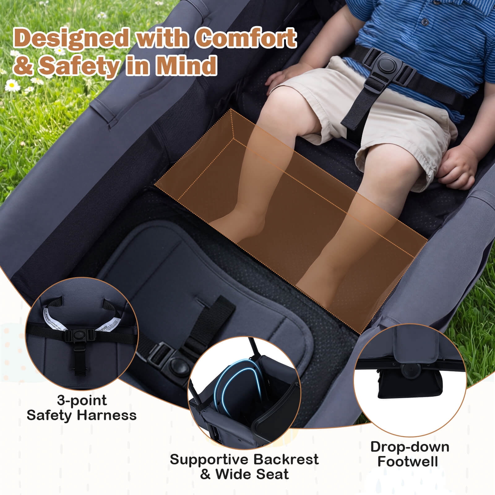 Costway Foldable Wagon Stroller for 2 Kids, Double Seater Toddler Stroller with Canopy Gray