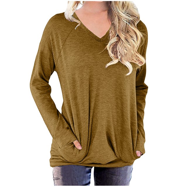 EQWLJWE T-Shirts Oversize pour Femmes Décontracté Automne Basique Col Rond Manches Longues Raglan Chandails en Molleton Pull-Over avec Poche T-Shirts Amusants pour Femmes 2023