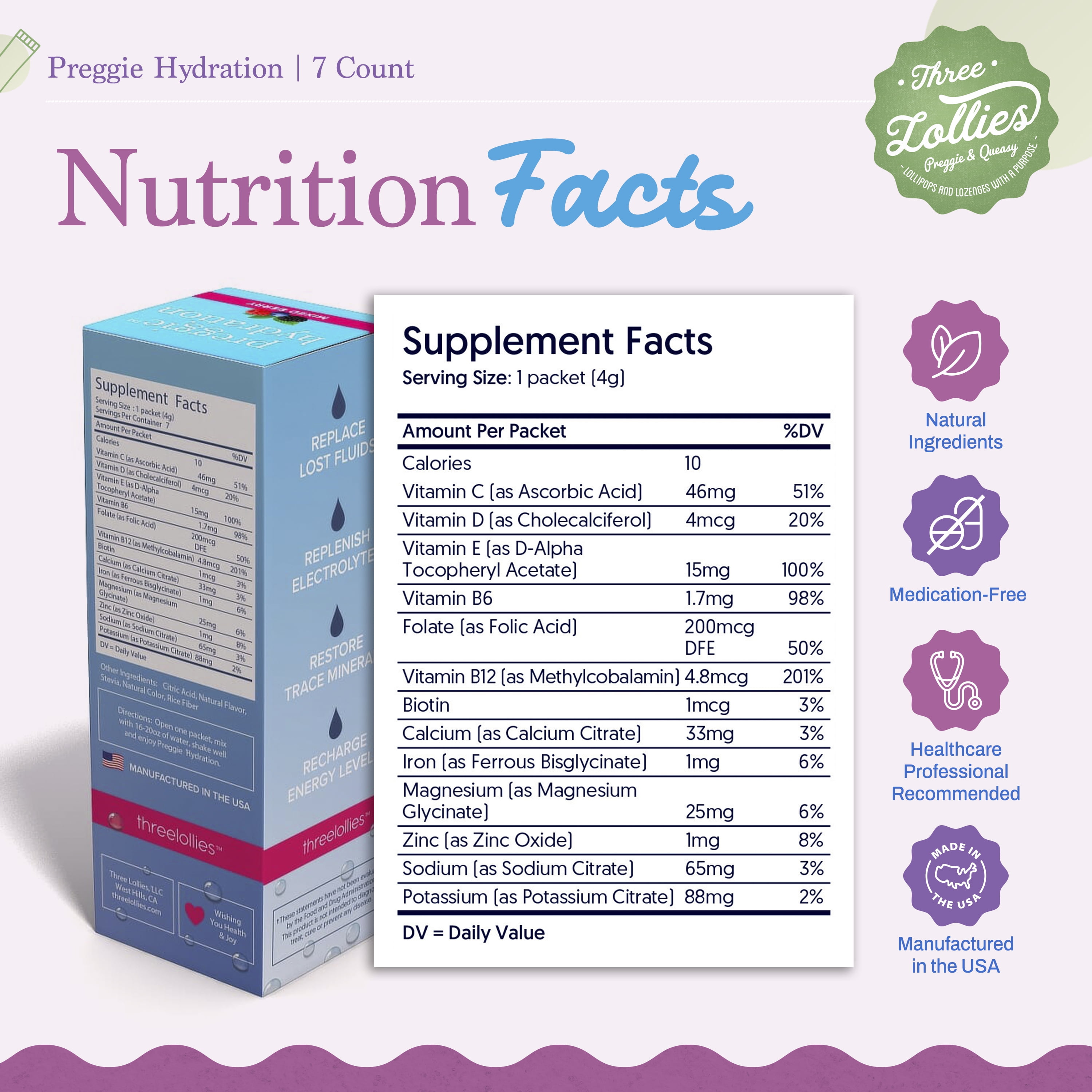 Three Lollies Preggie Hydration Packets - Natural Hydration & Digestive Health Support for Women During Pregnancy - Eases Nausea & Replaces Nutrients - Essentials for Morning Sickness - 7 Packets