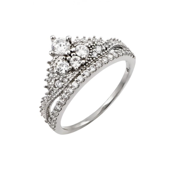 Rhodium Plated Sterling Silver 925 Clear Round Pave Set Tiara Ring White CZ Female Size 6