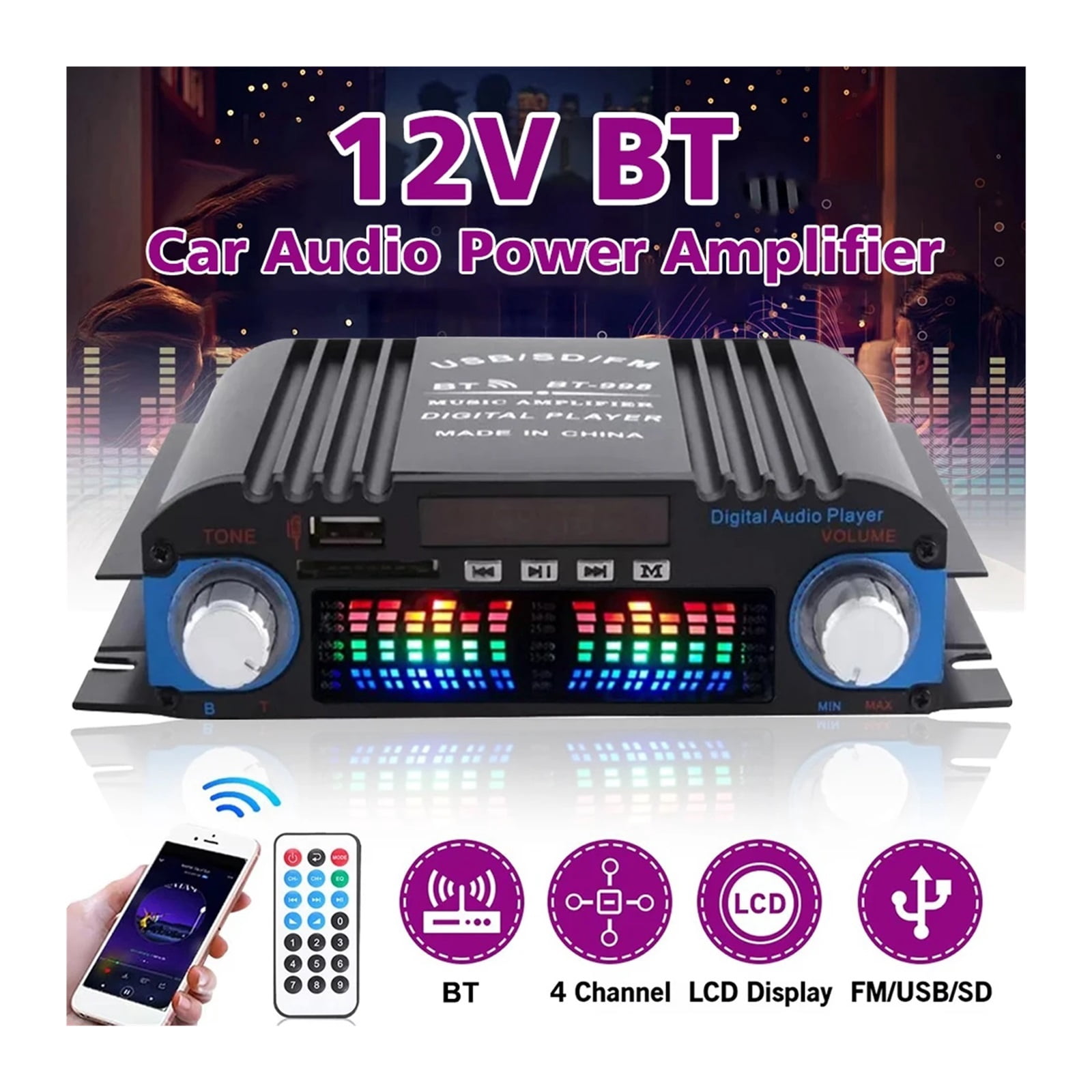 1600W Power HiFi Sound Amplifier 400Wx4 Digital 4 Channel Amplifier USB Bluetooth FM Radio Player &Wireless Remote
