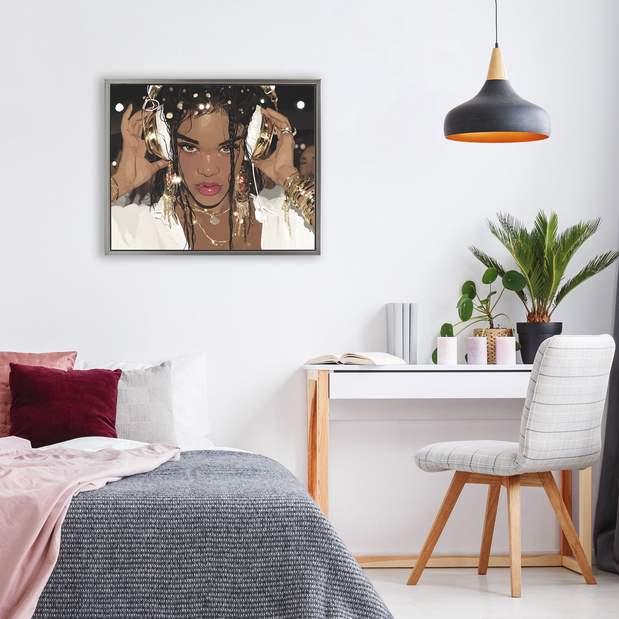 Stupell Industries Gold Headphones Glam Female Gray Framed Floater Canvas Wall Art, design by Franklyn Gregory