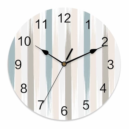 Wall Clock 12 Inch Beige Green Abstract Brushes Round Silent Decorative Wall Clocks Battery Operated for Living Room Bedroom Kitchen Classroom Decor, Modern Minimalist Striped,Large