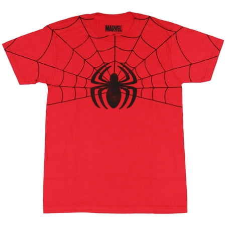Web Red Shirt - Spider-Man (Marvel Comics) Mens T-Shirt - Spidey Logo With Half Web Image