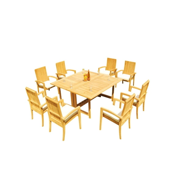 Grade-A Teak Dining Set: 8 Seater 9 Pc: 60" Square Rectangle Butterfly Table And 8 Goa Stackng Arm Chairs Outdoor Patio WholesaleTeak #51GO1409