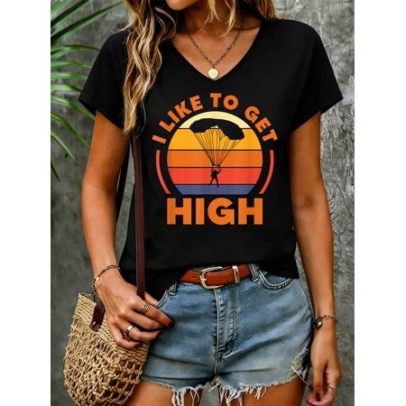 Funny Skydiving I Like To Get High Parachute Skydiver Retro V Neck T-Shirt Cotton Women s V Neck Graphic Tee Casual Short Sleeve Shirt Vacation Outfit