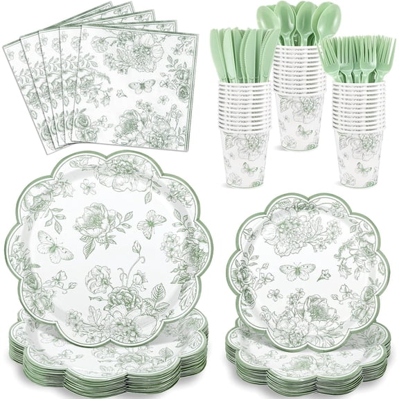 175 Pcs Sage Green Floral Plates and Napkins 25 Guest Scalloped Toile Chinoiserie Party Supplies Includes Floral Plates Napkins Cups Plastic Cutlery for Wedding, Bridal&Baby Shower, Tea Party