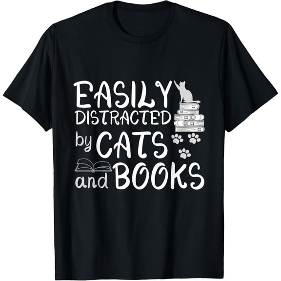 Easily Distracted By Cats And Books Shirt Funny Book Lover T-Shirt