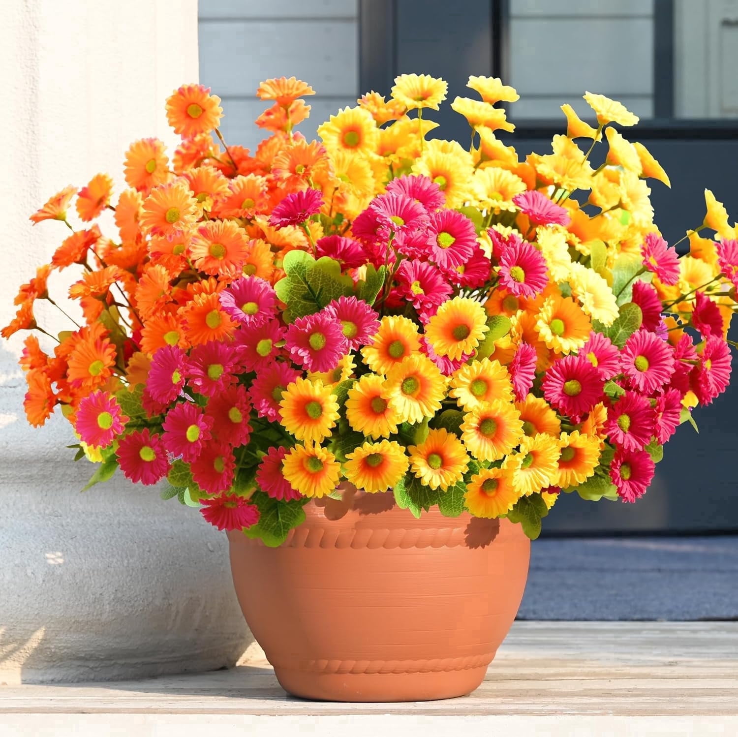 Yastouay 12 Bundles Artificial Mums Flowers for Outdoors, UV Resistant Fake Flowers for Planter, Mix Yellow Outdoor Faux Plants for Garden Balcony Yard Porch
