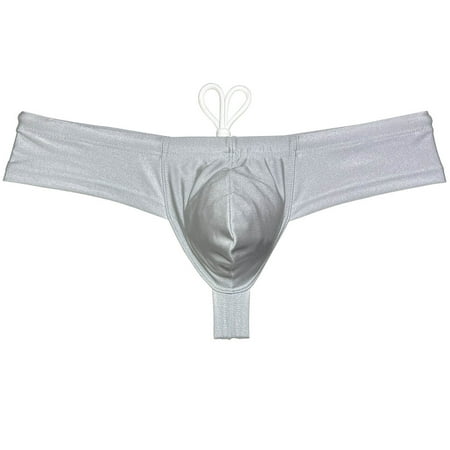 Botmois Men s Solid Swim Boxer Briefs Smooth Bikini Bottoms Thong Soft Drawstring Triangle Swimwear Shiny Mini Beach Boardshorts Bathing Suit Light Gray M