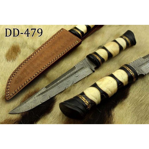 13" Damascus steel skinning knife, exotic hand crafted round scale, Cow Leather sheath included