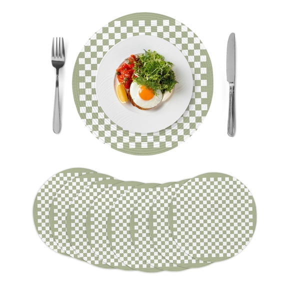 Sage Green Plaid Round 15 Inch Placemats Set of 8, Farmhouse Green White Checkered Lace HeatResistant Non Slip Place Mats for Dining Table, Wipeable Braided Kitchen Table Mats for Housewarming