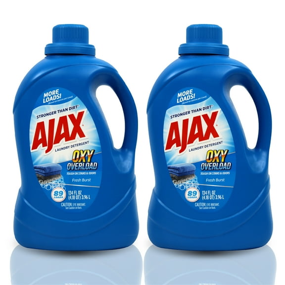 Ajax Oxy Overload Liquid Laundry Detergent, 134oz (Pack of 2), 178 Total Loads – Oxygen-Powered Deep Cleaning, Stain & Odor Removal, HE Compatible, Bulk Liquid Detergent, Fresh Burst Scent