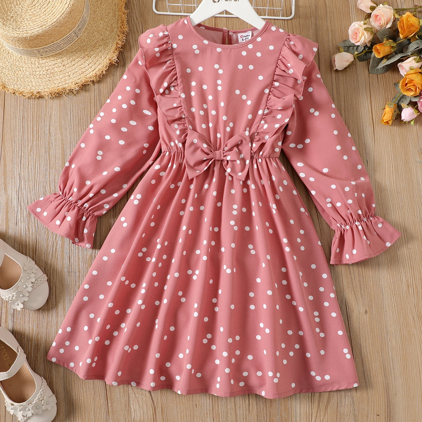 PatPat Kid Girl Polka dots Ruffled Bowknot Design Longsleeve Dress