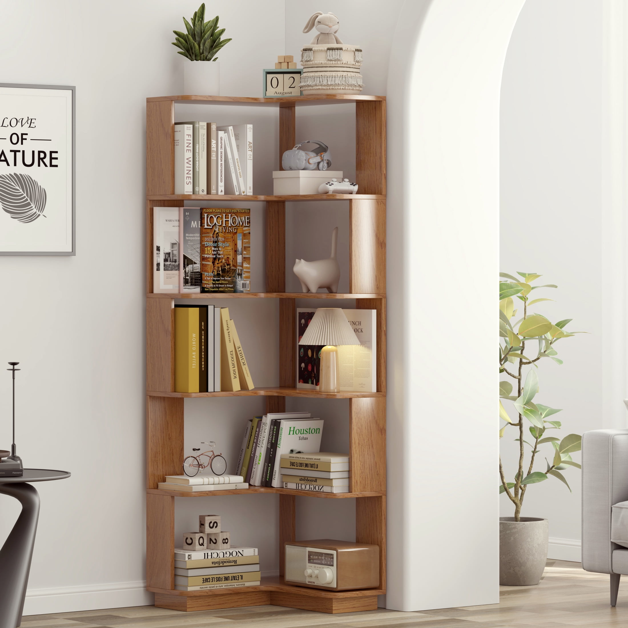 Noble House Vayen 65" L-Shaped Corner Bookshelf, 6-Tier Anti-Drop Wooden Bookcase, Open Storage Rack, Dark Oak