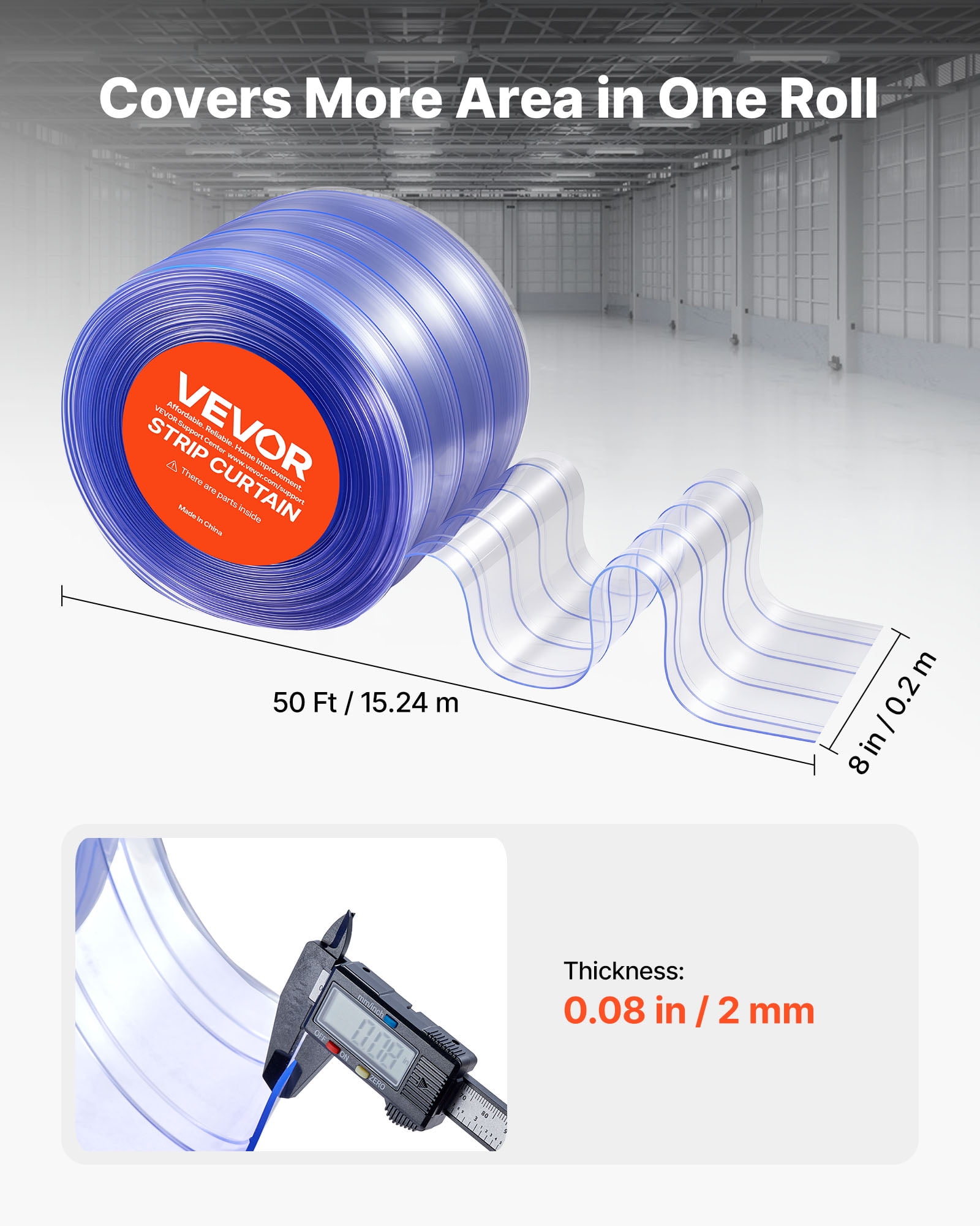 VEVOR Clear PVC Strip Curtain, 50 ft Length x 8 in Width, Ribbed Plastic Door Strip Bulk Roll, Walk in Freezer Cooler Curtain Strips for Doorways of Supermarket, Garage, Warehouse, Pet Animal House