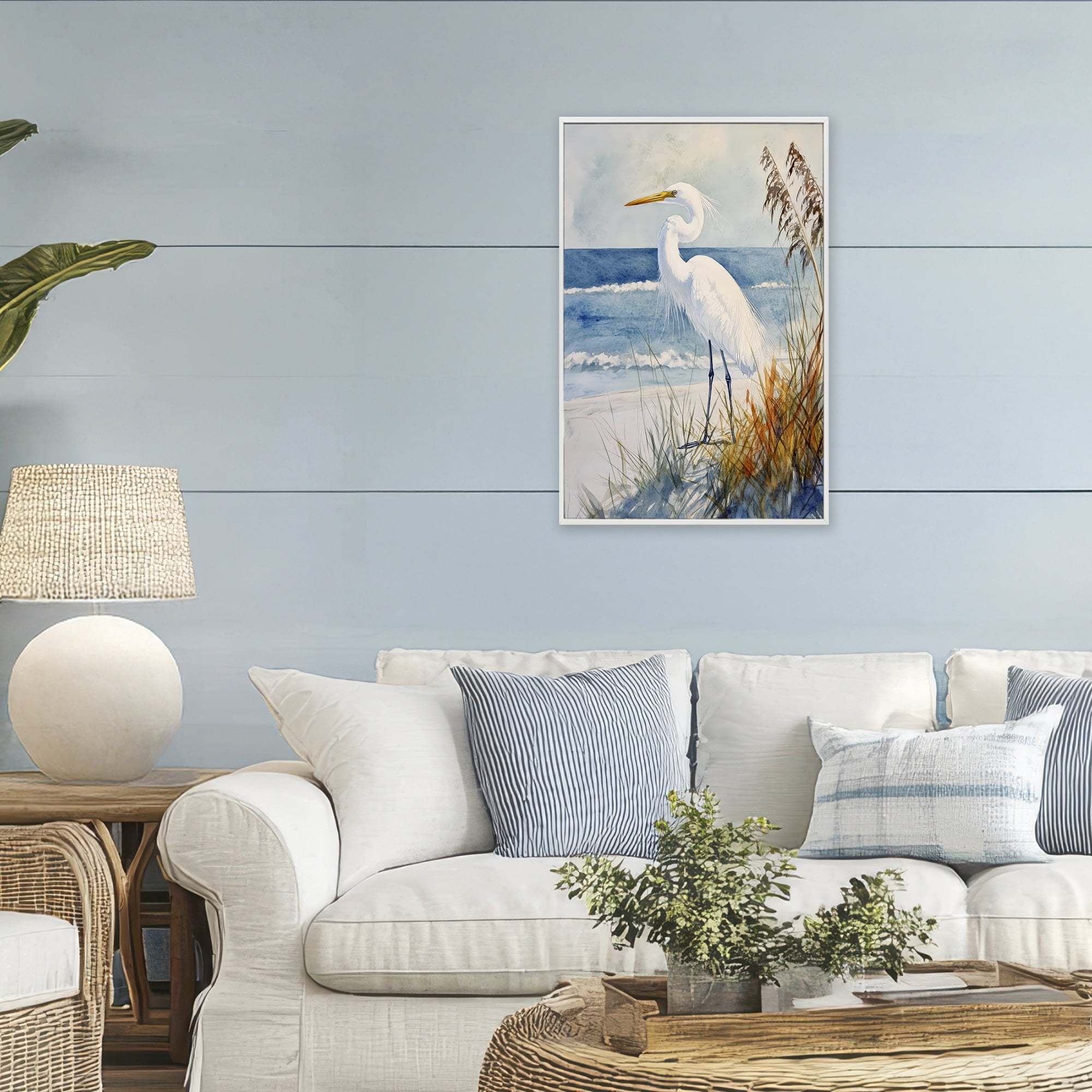 Stupell Industries Egret By The Waves White Framed Giclee Art, design by Petal Prints Design