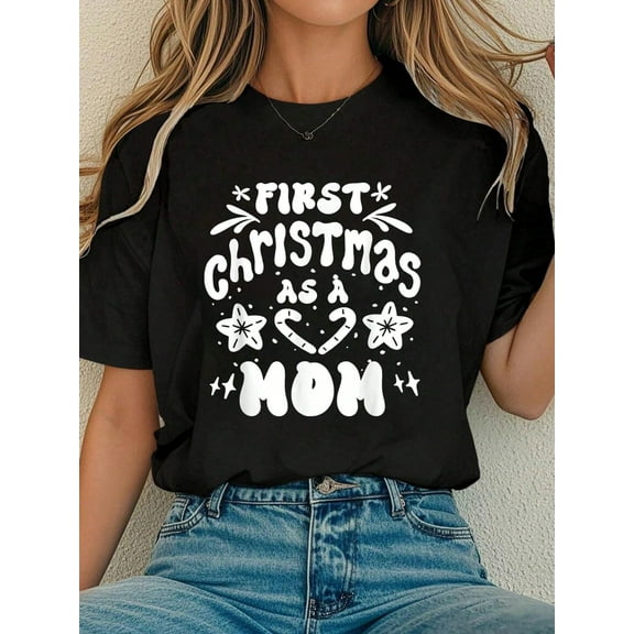 Women Cotton Tshirt First Christmas As A Mom Announcement Pregnancy Pregnant T-Shirt Comfort Tshirt Women