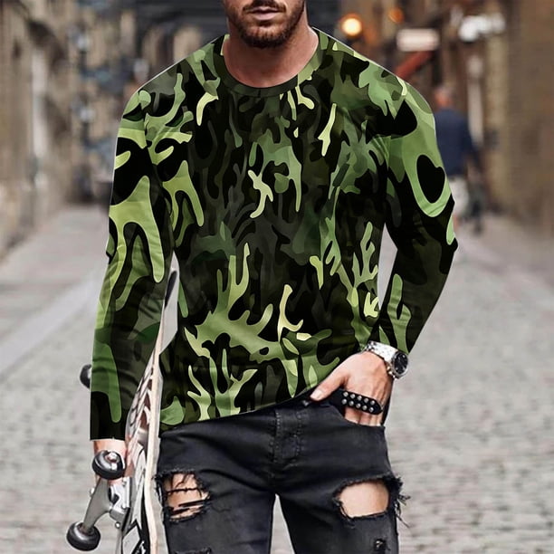 Blusas y camisas de manga larga con cuello redondo para hombre, blusa informal de manga larga con cuello redondo y estampado para hombre