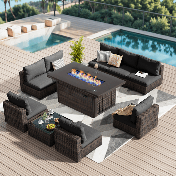 Grezone 10 Piece Patio Furniture Set with Fire Pit Table, All Weather Outdoor Sectional PE Rattan, Patio Conversation Sets with Cushions and Glass Coffee Table for Garden Lawn Balcony