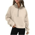thumbnail image 4 of Sudadera informal con cuello alto y media cremallera para mujer, sudadera con capucha oversize con agujero para el pulgar, sudadera deportiva de color liso de talla grande, 4 of 4
