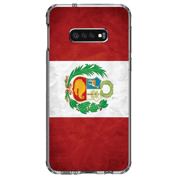 DistinctInk Clear Shockproof Hybrid Case for Samsung Galaxy S10e (5.8" Screen) - TPU Bumper, Acrylic Back, Tempered Glass Screen Protector - Peru Old Flag - Peru