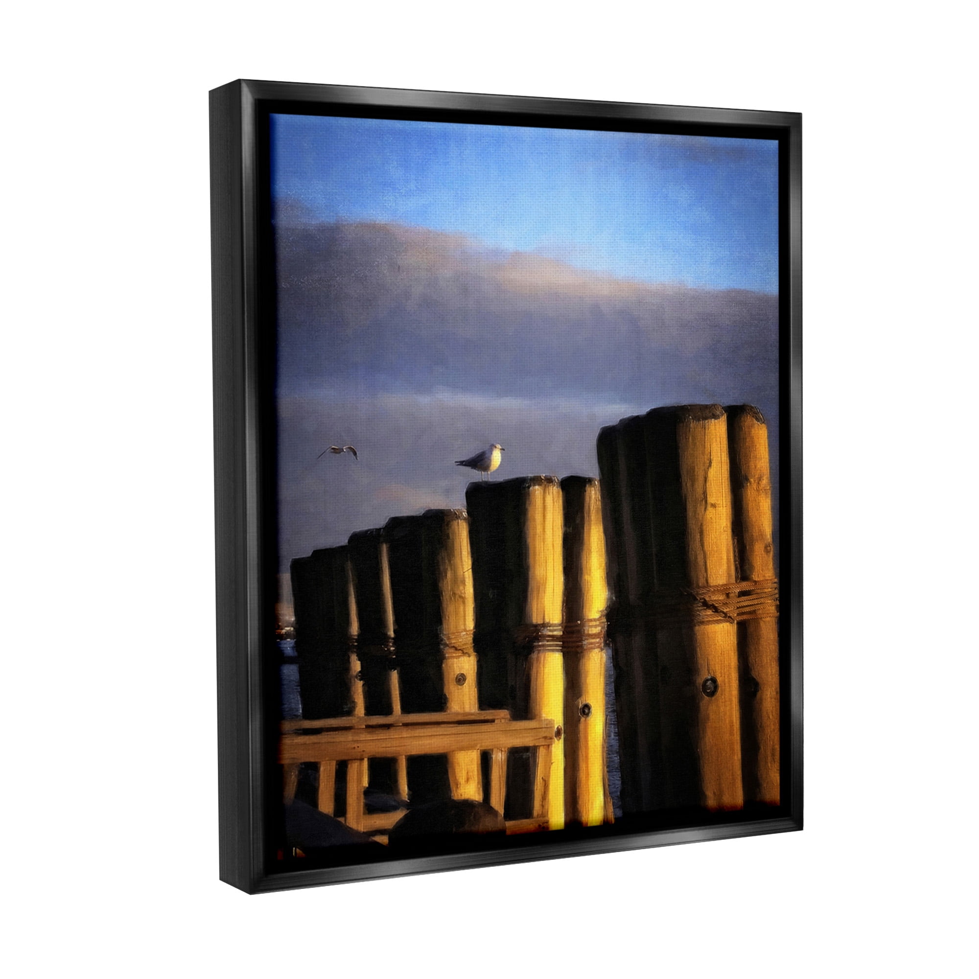 Stupell Industries Seagull Perched on Pier Animals & Insects Painting Black Floater Framed Canvas Art Print Wall Art, 25 x 31
