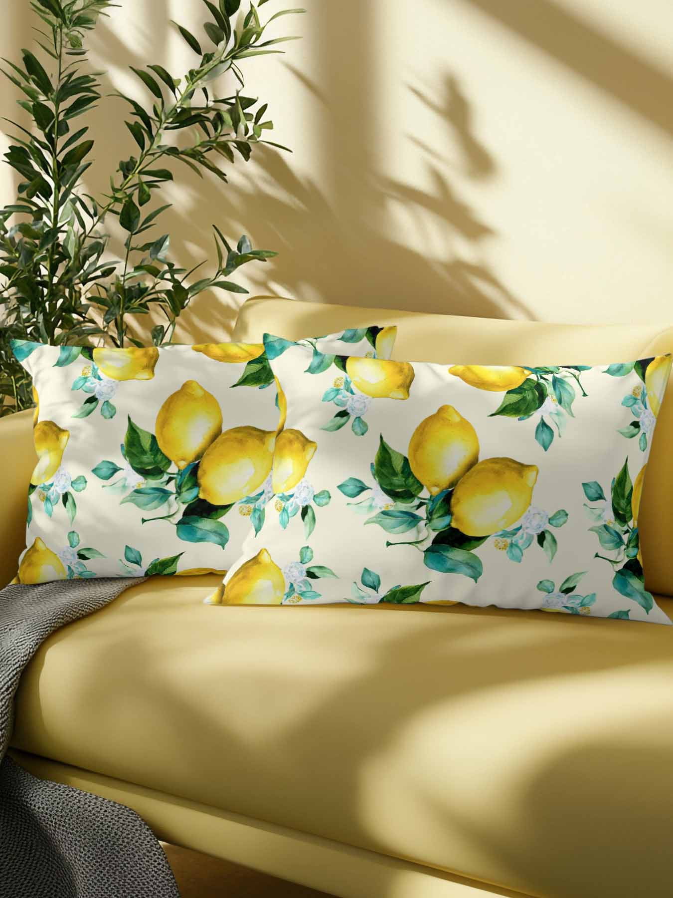 1 Pack Outdoor Throw Pillow, Yellow Lemon Waterproof Pillow with Insert Included, Watercolor Green Leaves Fruits Branches Retro Decorative Accent Cushion Lumbar Pillows for Patio Porch, 12 x 20 In
