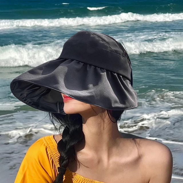 Sombrero de ala ancha para mujer, sombrero de viaje, sombrero de playa flexible para desplazamientos con mochila Negro