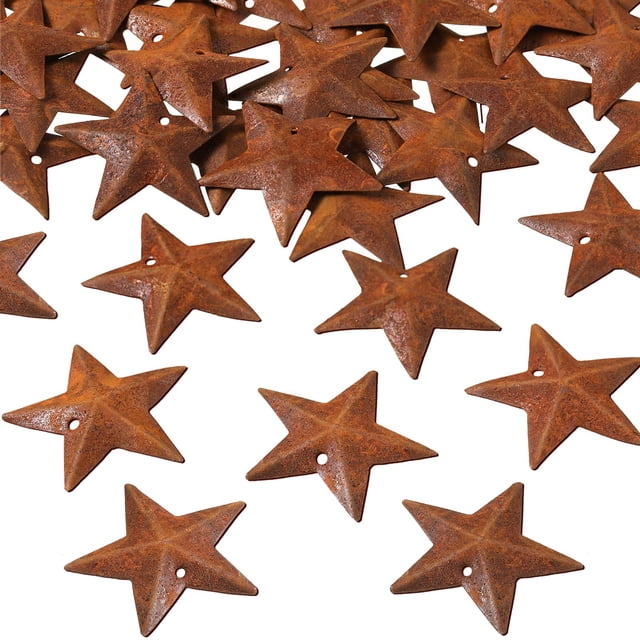 50 estrellas oxidadas, estrellas de metal oxidadas, estrellas de granero en miniatura, estrellas artesanales con agujero para decoración rústica de granja
