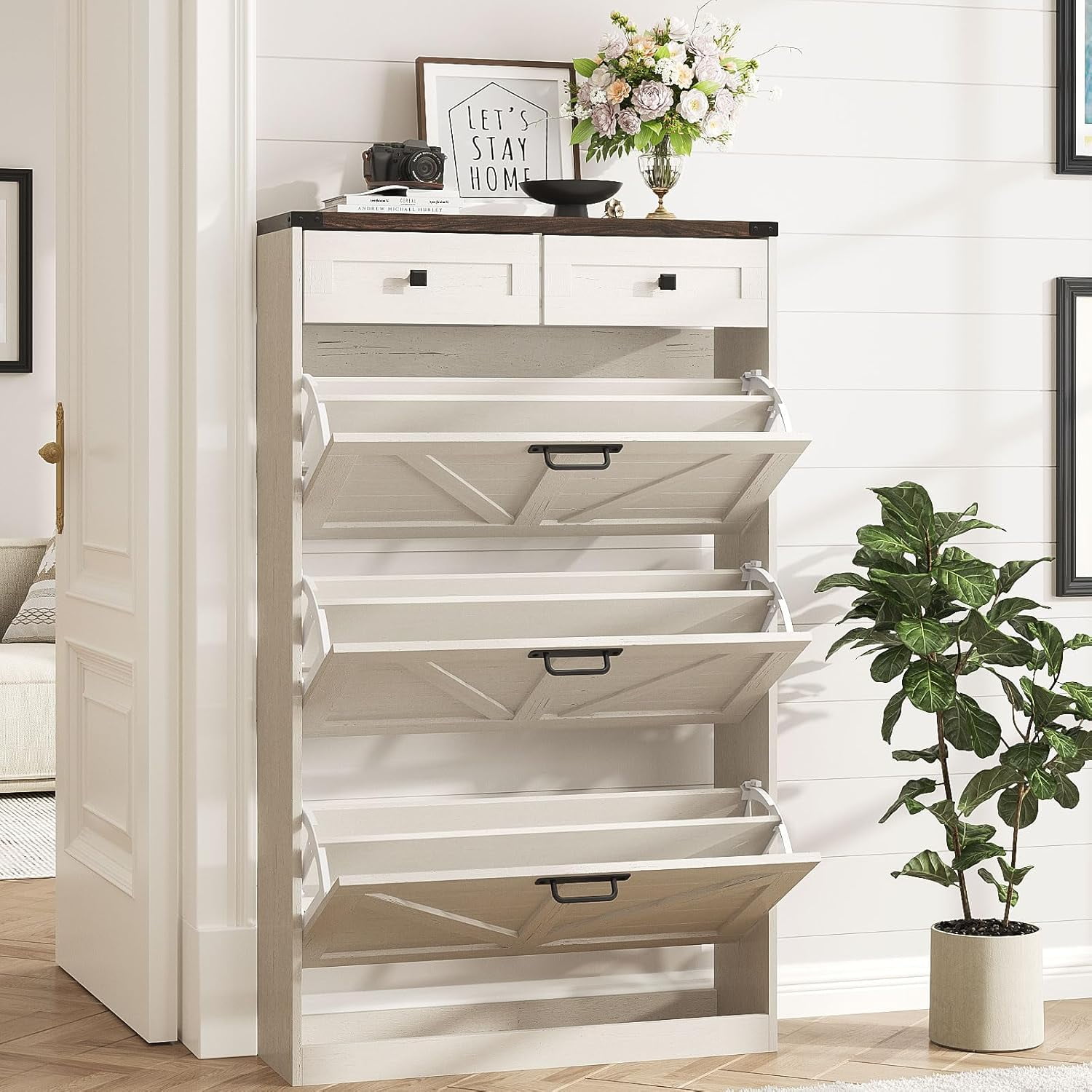 バスライトイヤー　(ウォルナット) 2脚 Vabches Shoe Storage Cabinet with 3 Flip Drawers & 2 Drawes for
