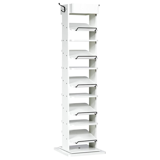 Gymax Rotated Shoe Rack 9 Tier Wooden Shoe Organizer w/Hooks & Anti-drop Railing White
