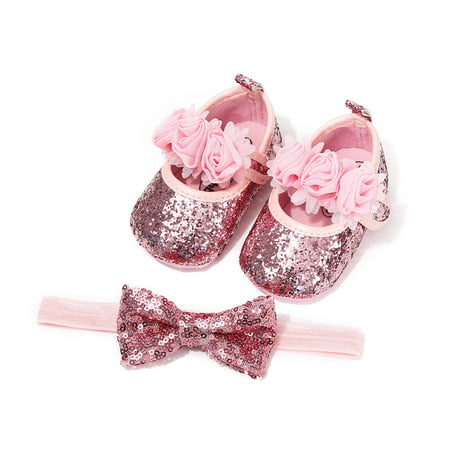 Bling Sparkle Sequins PU Infant Newborn Baby Girls Crib Shoes+Headband 0-18M