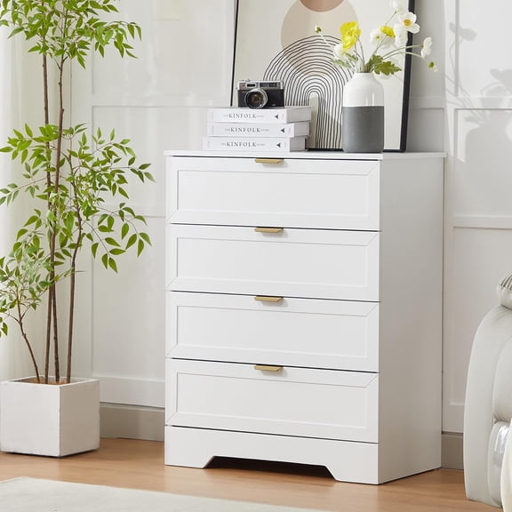 37-inch Tall Chest of Drawers, 4 Drawer Dresser for Bedroom, Grey Wood Dresser with Large Drawers, Modern Storage Cabinet for Closet, Living Room, Entryway, White