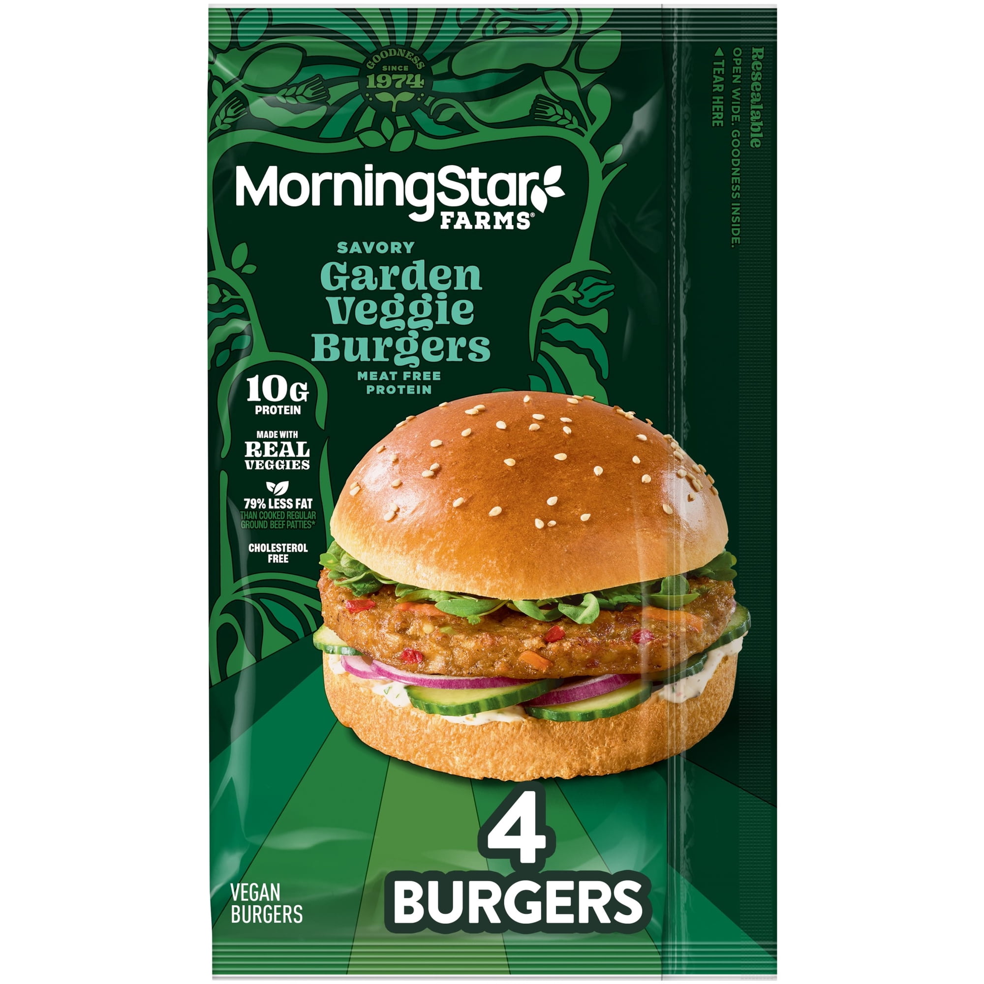 MorningStar Farms Savory Plant Based Garden Veggie Burgers, Vegan, 9.5 oz, 4 Count (Frozen), Regular