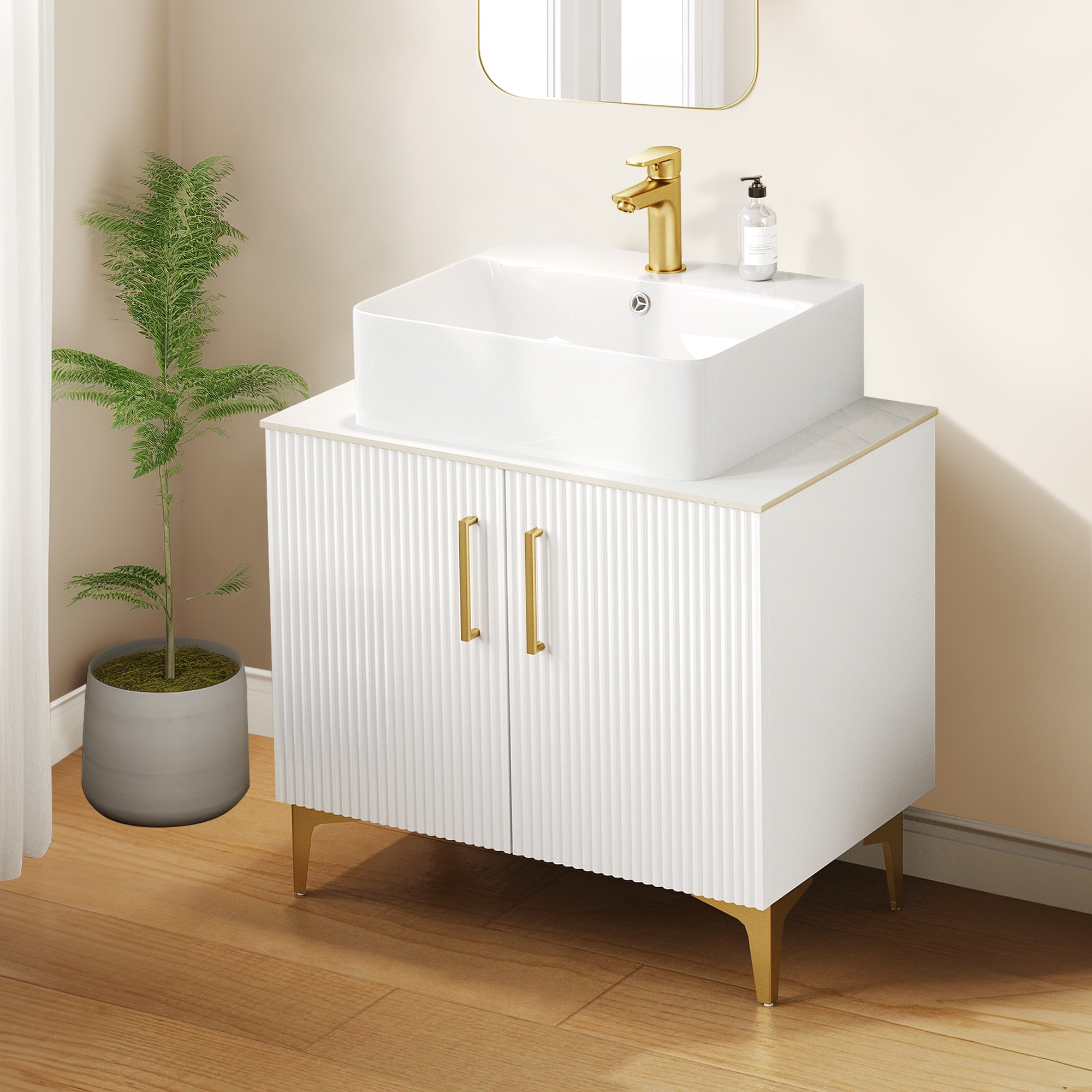 Uforic 30 Inch Bathroom Vanity with Countertop Sink Combo, Modern Bathroom Storage Cabinet with Drain, White and Gold