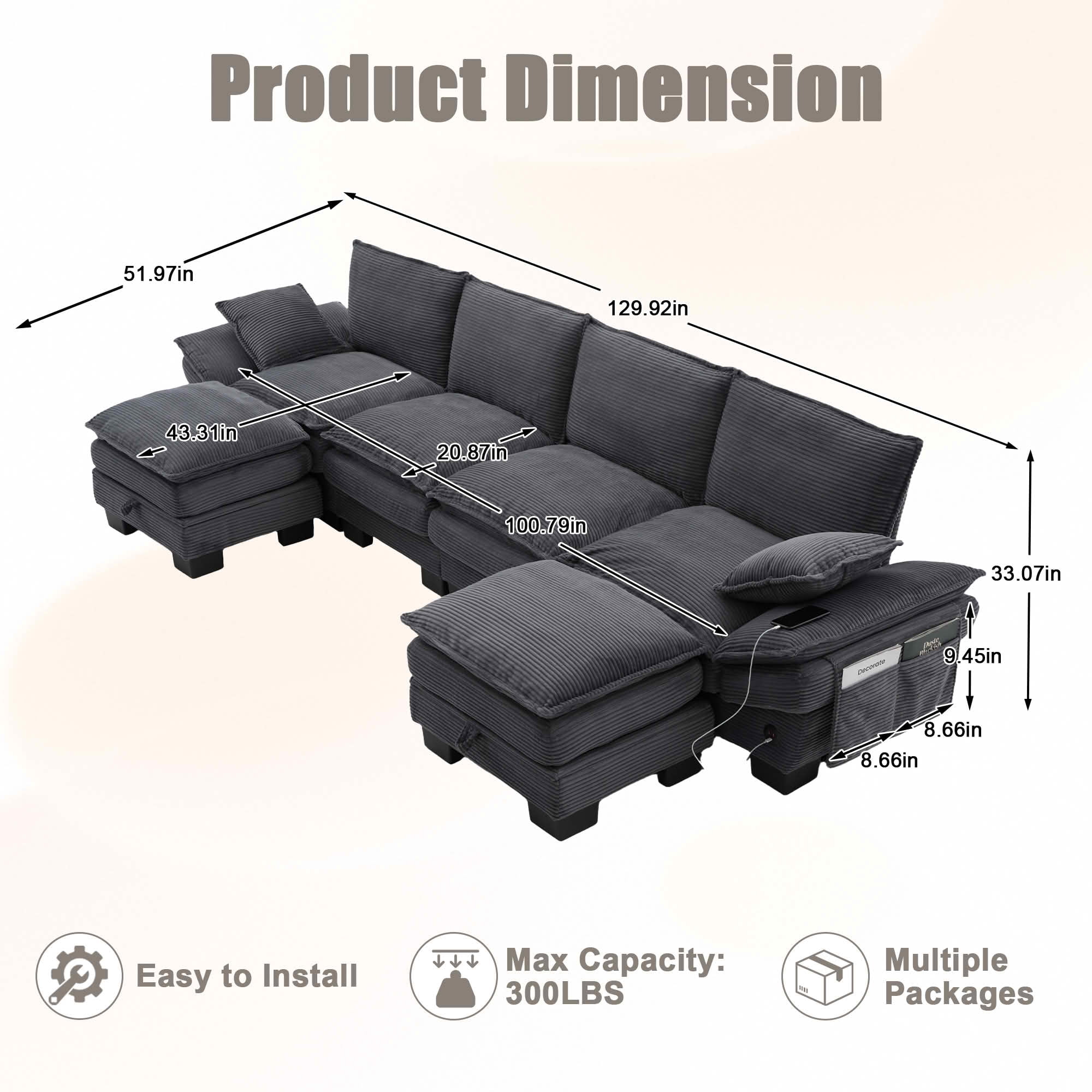 MAYEERTY Multi-Config Cloud Corduroy Modular Sofa, Deep Seat Sectional Couch with Storage Footstool & USB Ports for Small Apartment
