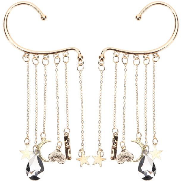 2 piezas Tassel Ear Bone Clip de luna Earra de orejas Estrellas de luna Clip de oído no penetrante en aretes
