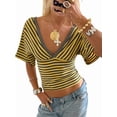 thumbnail image 3 of Gynyvoja Women'S Reversible V-Neck Short Sleeve Striped Fitted Cropped T-Shirt Yellow S, 3 of 9