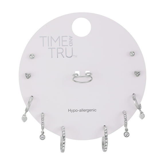 Time and Tru Women's Silver Tone Multi Earring Set with Glass Stones