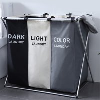 3 Sections Folding Laundry Dirty Clothes Hamper Basket Sorter with Handle, Portable Large Washing Clothes Toy Storage Organizer Bag with Carrying Handles for Home Bathroom