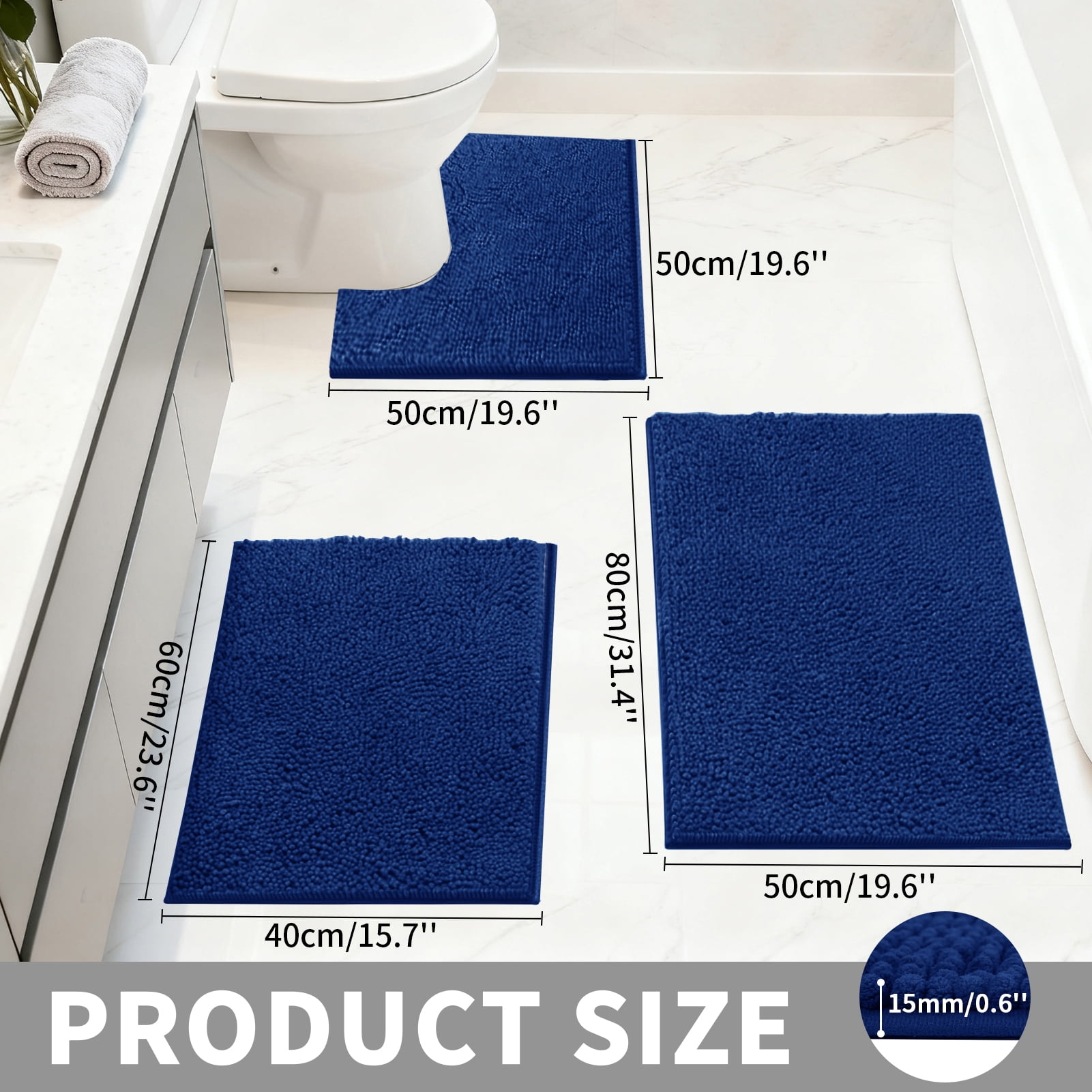 3 Pieces Bath Mat Set, Soft Chenille Bathroom Rugs Mat, Absorbent Spa Shaggy Bath Rugs Set, Machine Washable & Non Slip Bath Mats for Bathroom, Tub, Shower（Blue）